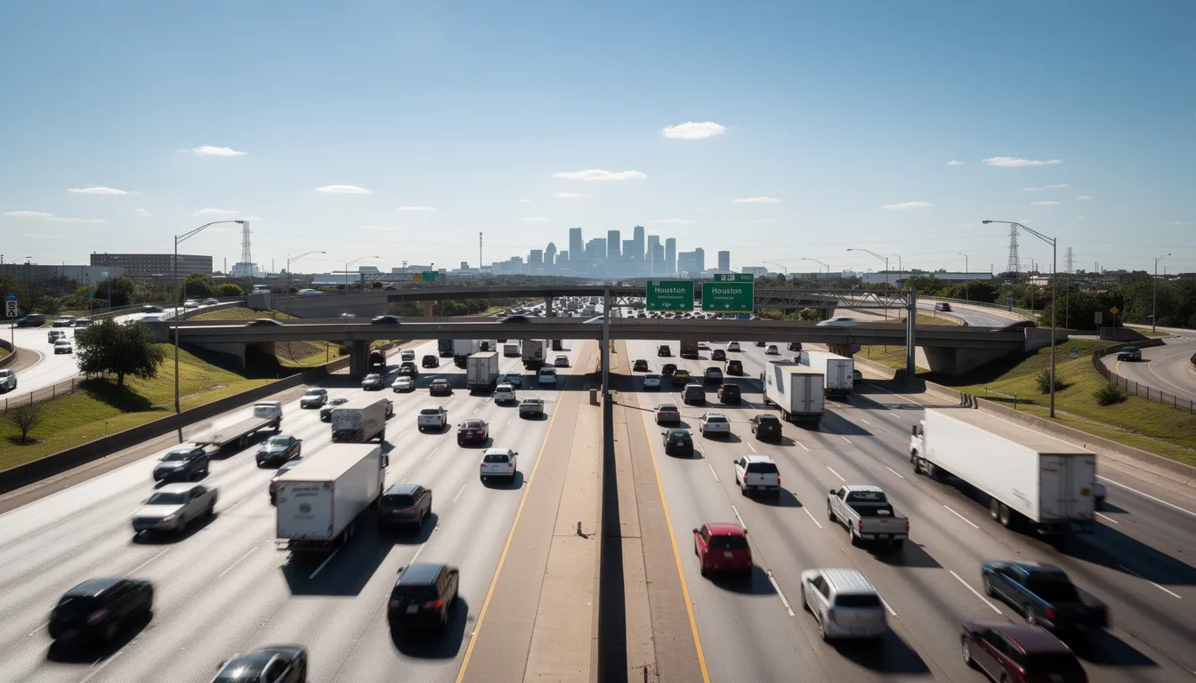 The image depicts a busy Houston highway filled with numerous vehicles in multiple lanes during the daytime, illustrating the high traffic volume typical of urban areas. This scene may serve as a reminder of the potential for car accidents, emphasizing the importance of understanding car accident laws and insurance coverage when involved in a motor vehicle accident.