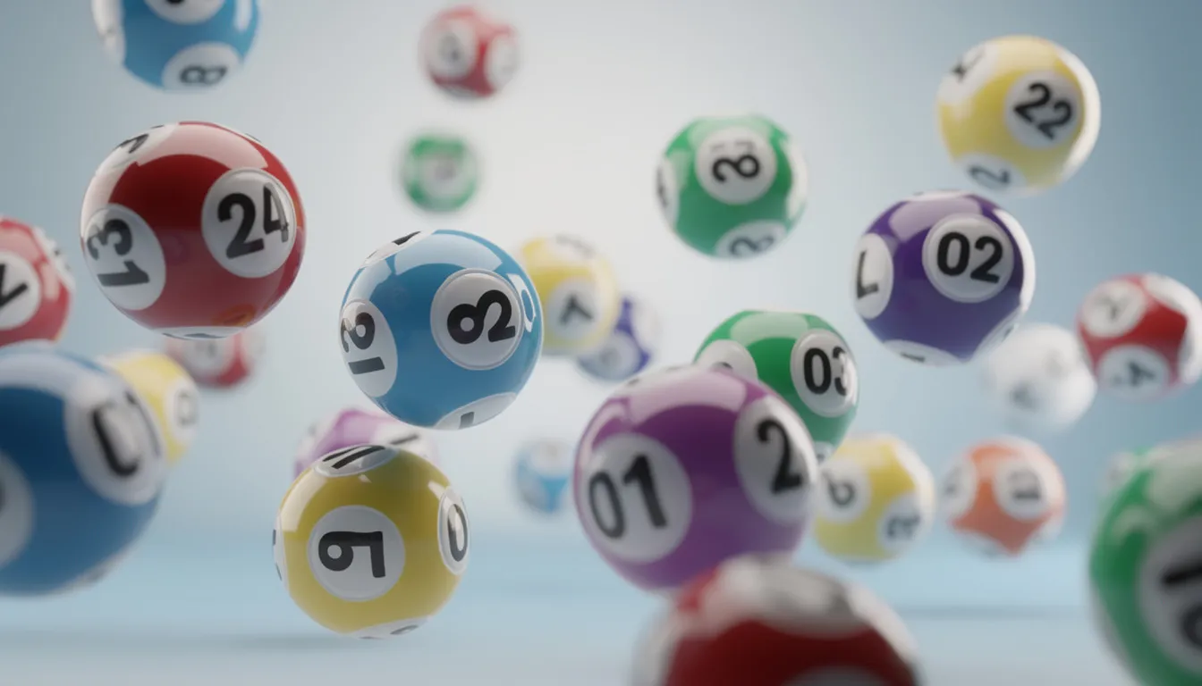 Flera färgglada lotteribollar svävar framför en ljus bakgrund, där siffrorna på bollarna är tydligt synliga. Den livliga färgkombinationen skapar en känsla av spänning och förväntan, perfekt för en lottospelupplevelse.