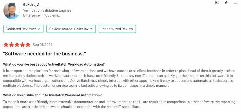 The visual is a user review for ActiveBatch, a process orchestration tool.