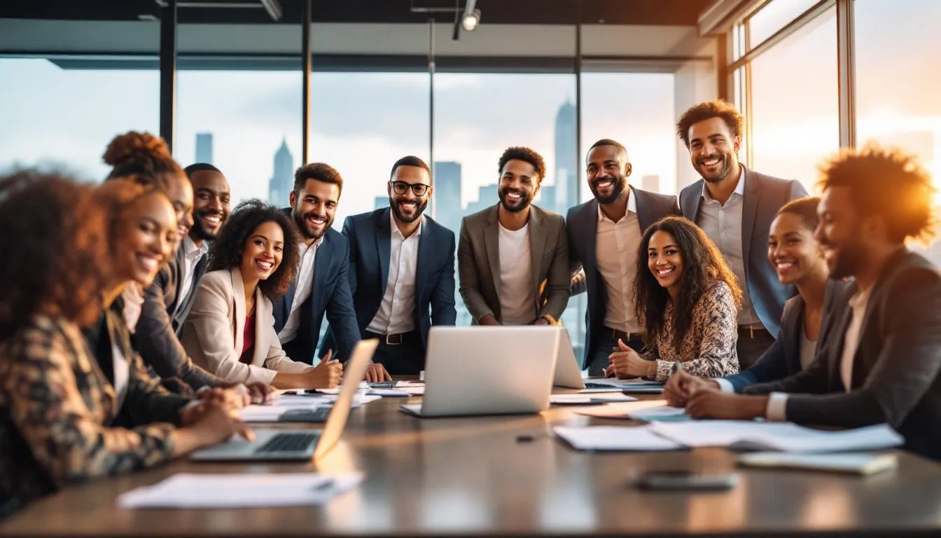 A diverse group of small business owners is gathered in a meeting room, expressing happiness and success after receiving funding, likely through Camino Financial's services, and being treated as a top priority. The atmosphere reflects their achievement in overcoming challenges and accessing the financial support they need for their businesses.