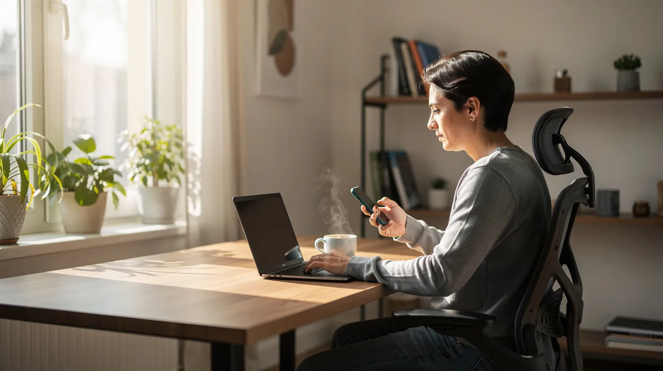 A person is seated at a desk in a bright home office, focused on using a laptop and smartphone while enjoying a cup of coffee. The workspace is organized and inviting, emphasizing the importance of a comfortable area for productive work and research.
