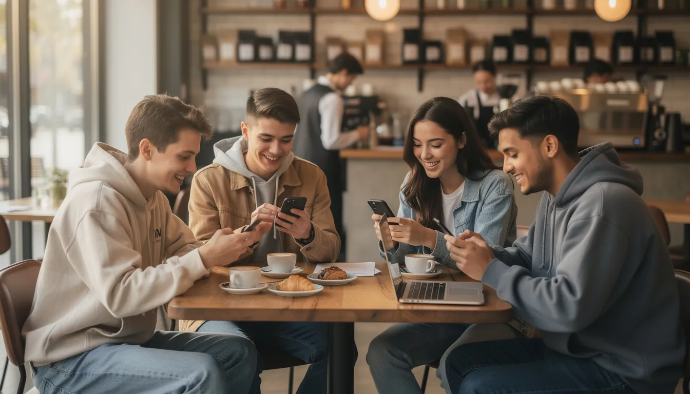 Na zdjęciu widzimy grupę młodych ludzi siedzących w kawiarni, którzy intensywnie rozmawiają przez smartfony. W tle słychać dźwięki typowe dla kawiarni, a atmosfera jest przyjazna i nieformalna, co sprzyja interakcji i wymianie podstawowych zwrotów w języku hiszpańskim, jak "hasta luego" czy "buenos días".