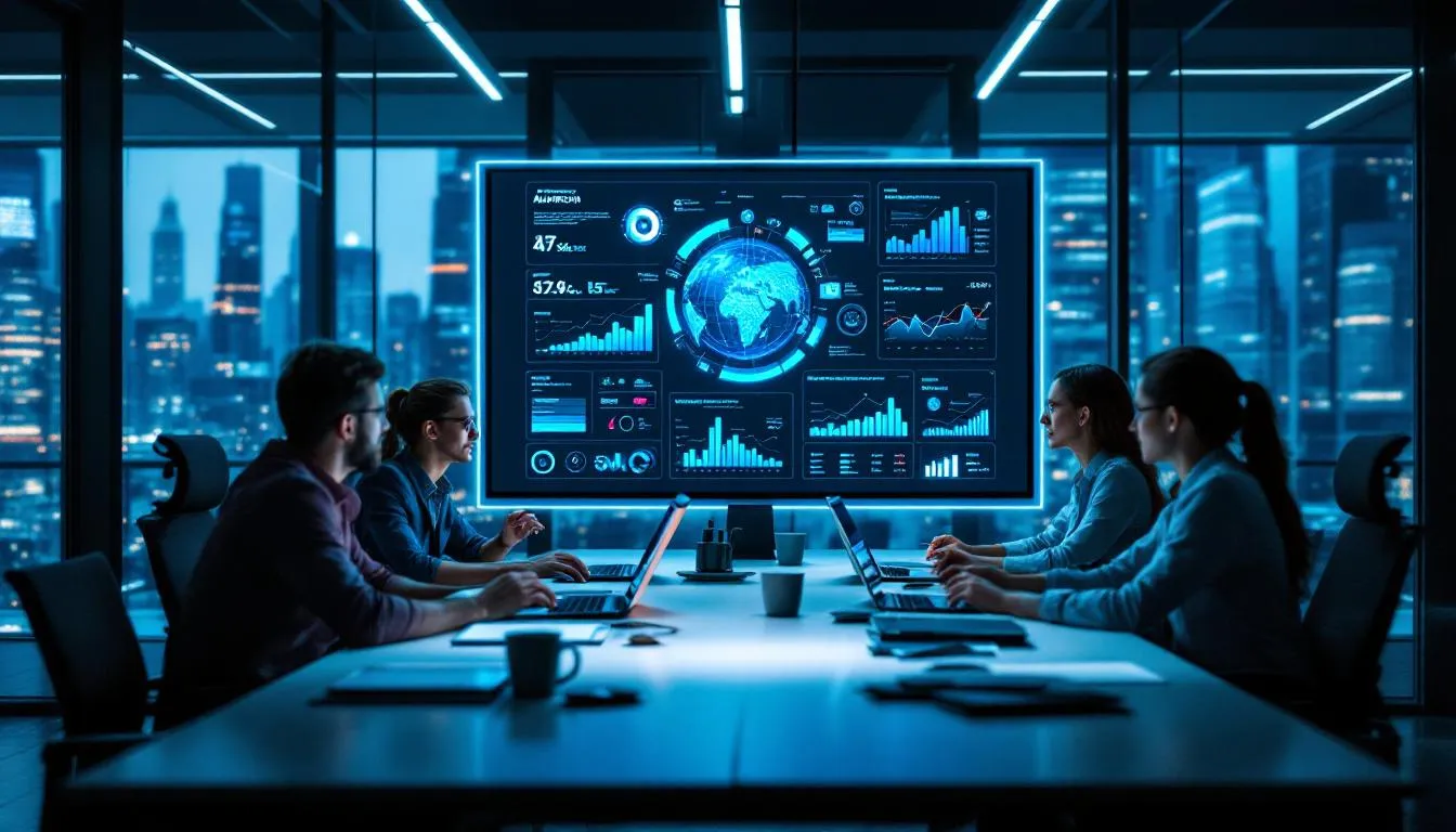 The image illustrates a modern marketing team utilizing AI tools to enhance their marketing campaigns, showcasing professionals engaged in data analysis and project management to optimize brand visibility and engage their target audience. The scene highlights the importance of creativity, critical thinking, and emotional intelligence in building successful relationships with clients and customers.