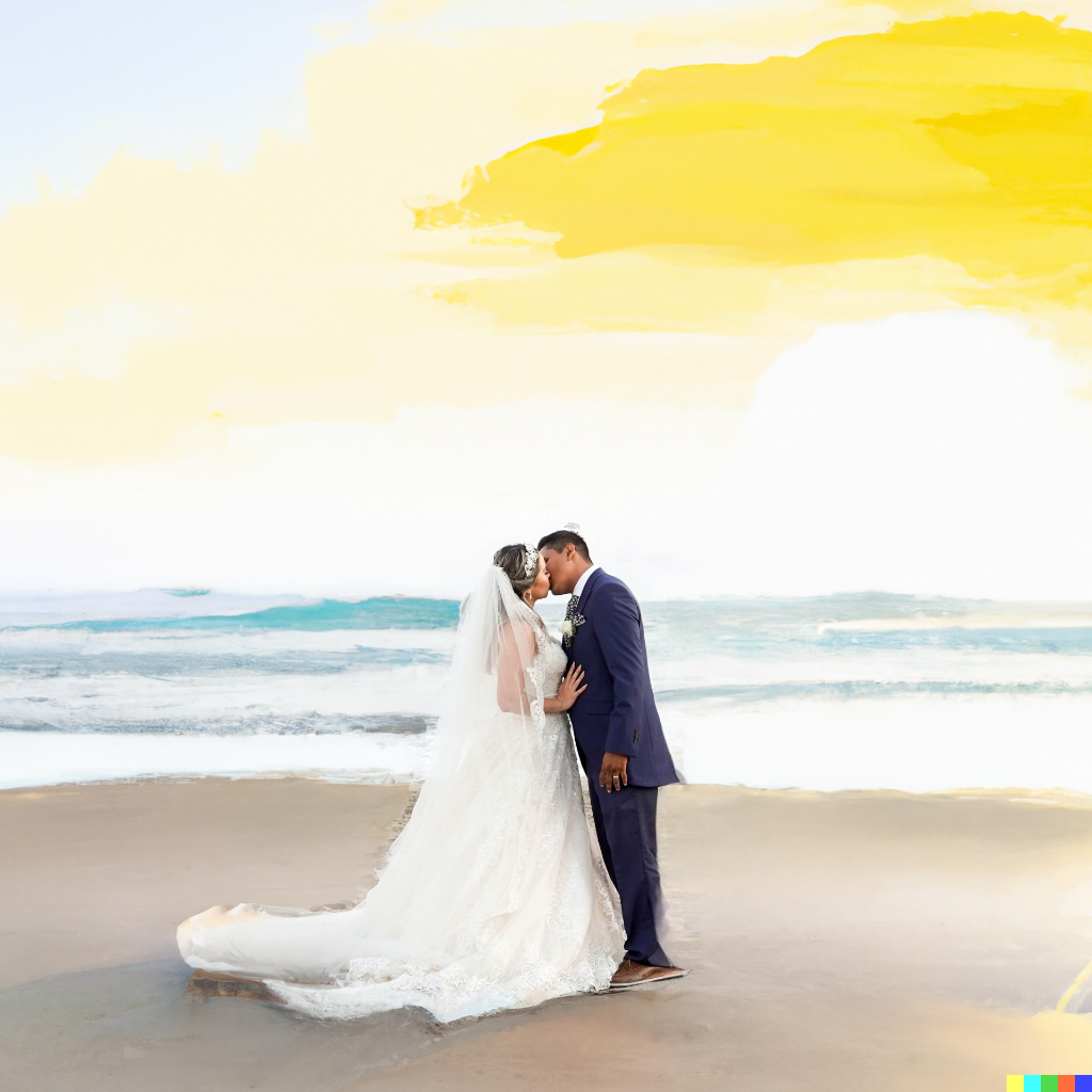 The couple kissing has not been altered, but the beach background now looks more like a painting.