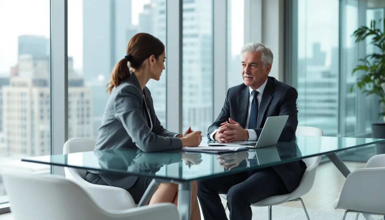 In a modern office setting, a senior business leader engages in an executive coaching session with a professional coach, focusing on leadership development and enhancing leadership skills. The scene emphasizes the importance of effective leadership, self-awareness, and communication in fostering growth and success within organizations.