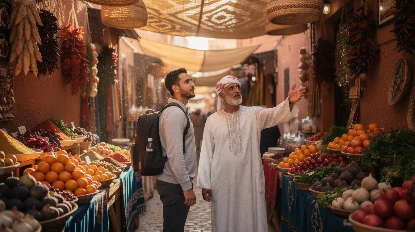 A traveler and a local guide stroll through a lively Moroccan souk, surrounded by colorful produce and aromatic spices hanging from stalls, evoking the essence of Moroccan cuisine. The vibrant atmosphere hints at the delicious, spicy Moroccan food that awaits, including famous dishes like lamb tagines and harira soup.