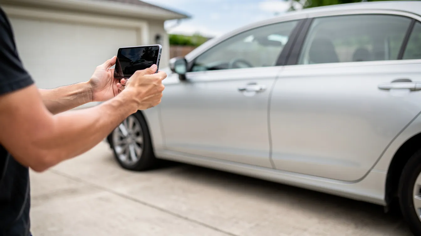 A person is using a smartphone to take a photograph of the side of a silver sedan parked in a driveway, possibly to document the car's condition before the shipping process. This image highlights the importance of preparing your vehicle for transport, including removing personal belongings and ensuring the car is clean.