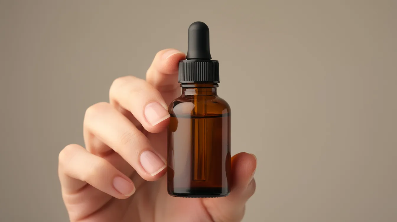 The image shows a person holding a small brown tincture bottle with a dropper, set against a neutral background. This bottle likely contains hemp-derived products, which may include consumable hemp or THCA products that are legal in Louisiana under the federal farm bill.