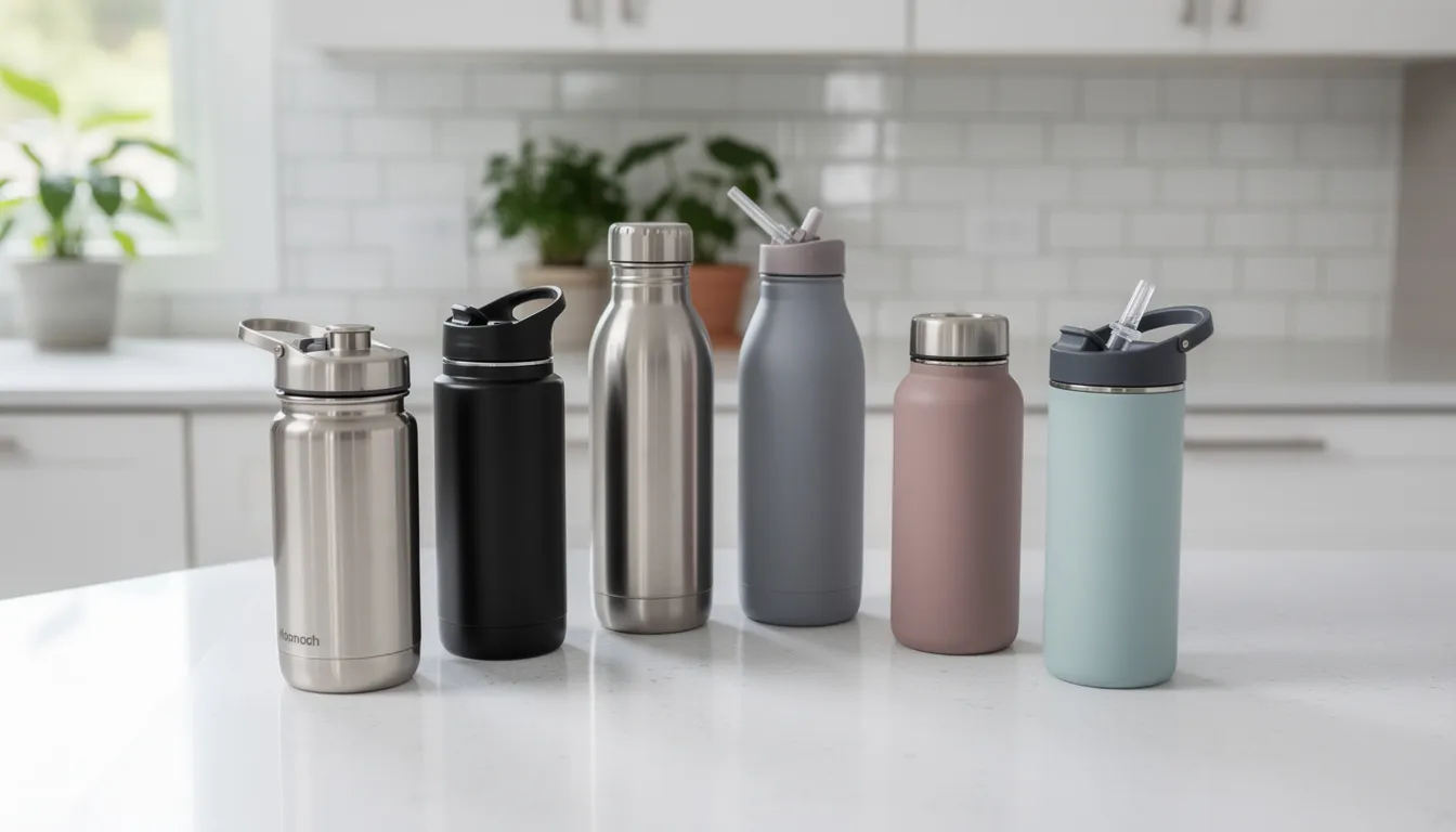 A collection of stainless steel water bottles and insulated tumblers is neatly arranged on a kitchen counter, showcasing high-quality health and wellness products that are gaining popularity in the online marketplace. These items represent a trending product category that appeals to consumers seeking eco-friendly and durable drinkware options.