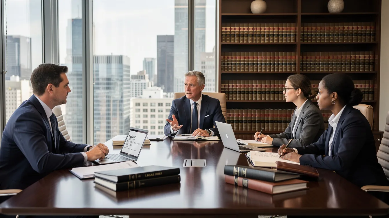 The image depicts a professional meeting in a law office setting, where an experienced attorney discusses a workers compensation claim with an injured worker and a treating physician. The atmosphere is formal, emphasizing the importance of the independent medical examination process and the roles of the dime physician in resolving disputes related to maximum medical improvement and impairment ratings.