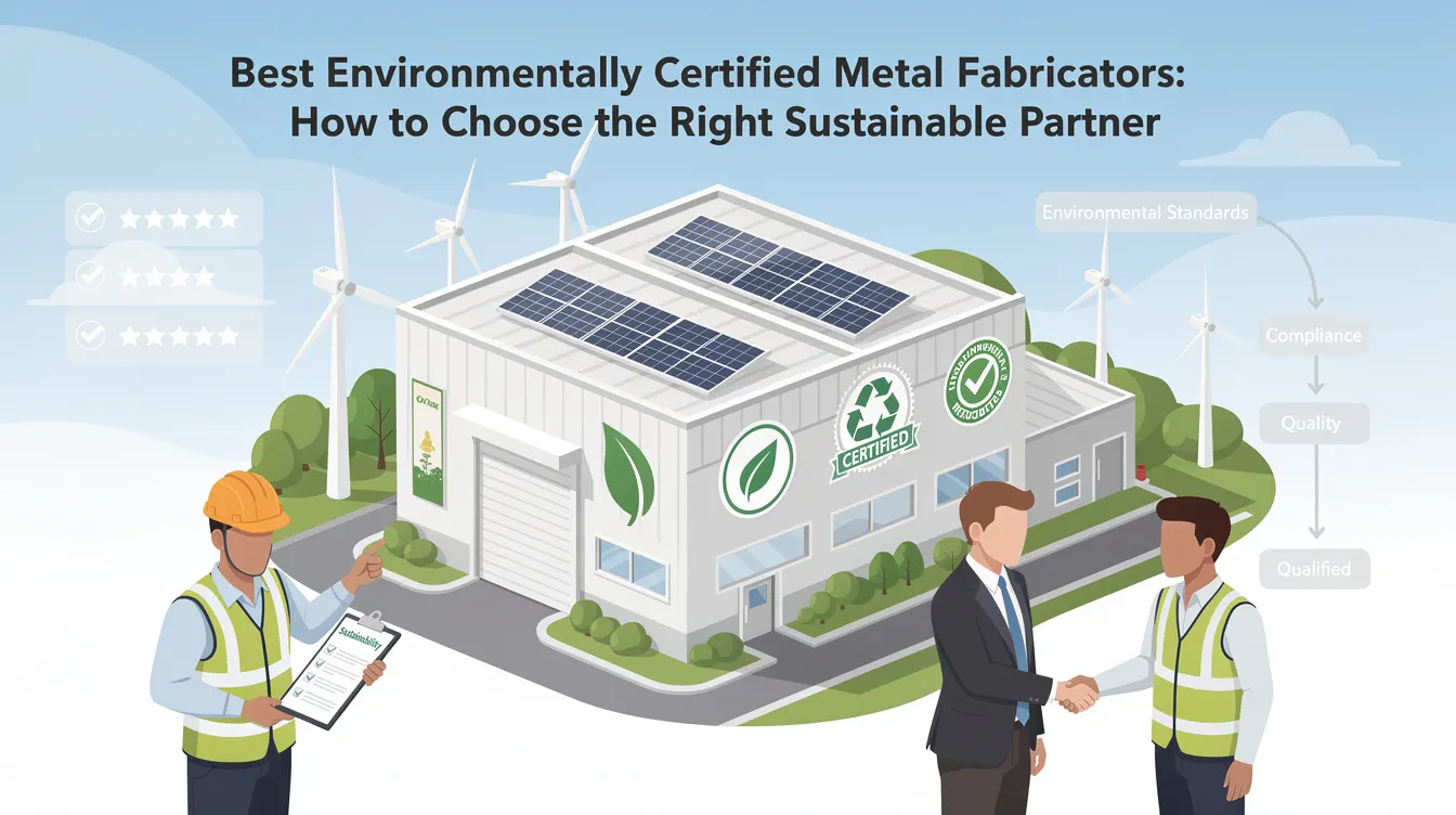 The image depicts a modern metal fabrication facility showcasing sustainable practices, such as energy-efficient machinery and the use of recycled materials. The environment is highlighted by solar panels on the roof, emphasizing the commitment of these best environmentally certified metal fabricators to reduce their carbon footprint and promote eco-friendly practices in the metal fabrication industry.