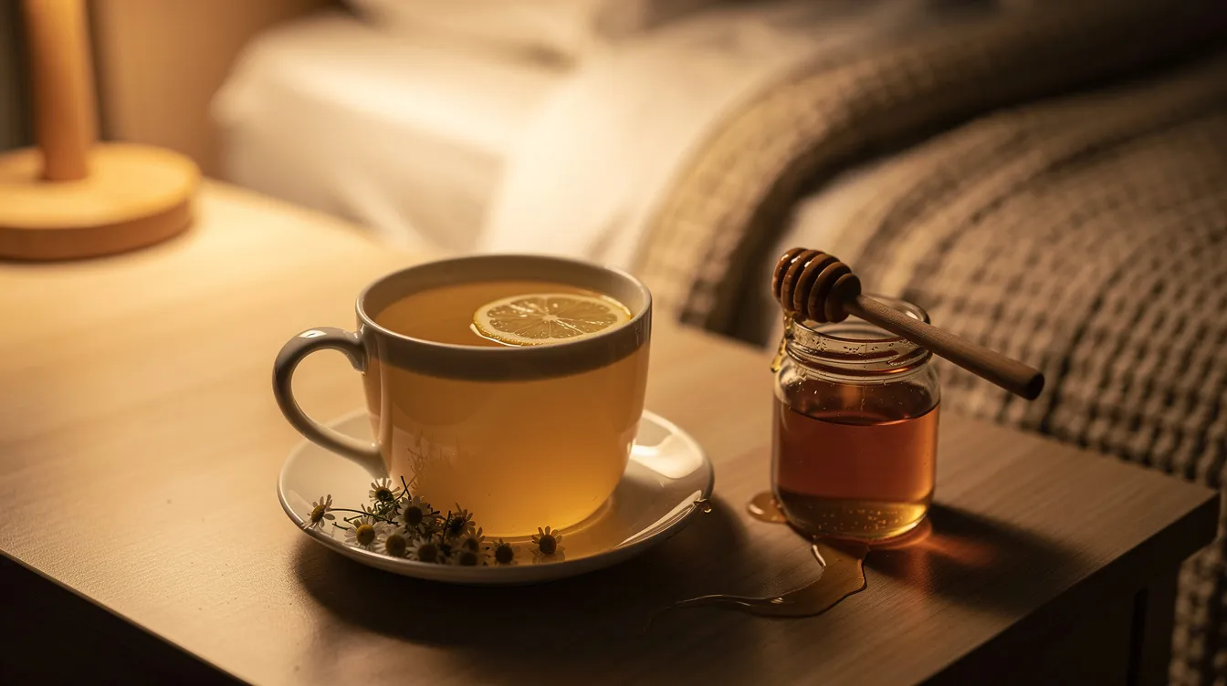 The image features a warm cup of chamomile tea with honey resting on a bedside table, symbolizing a soothing ritual that can promote better sleep quality. This calming herbal tea is often recommended as part of a healthy diet for those looking to improve their sleep patterns and enjoy a good night&rsquo;s rest.