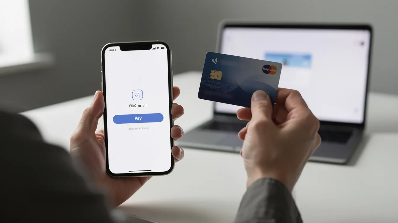 A person is holding a smartphone in one hand and a debit card in the other, preparing to make an online payment, highlighting the ease of transactions with RBL Bank's internet banking services. The image conveys the convenience of sending money abroad and managing finances digitally.