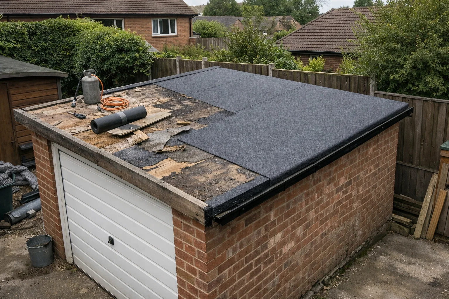 Typical UK garage flat roof showing the scale and size used when calculating felt roofing costs.