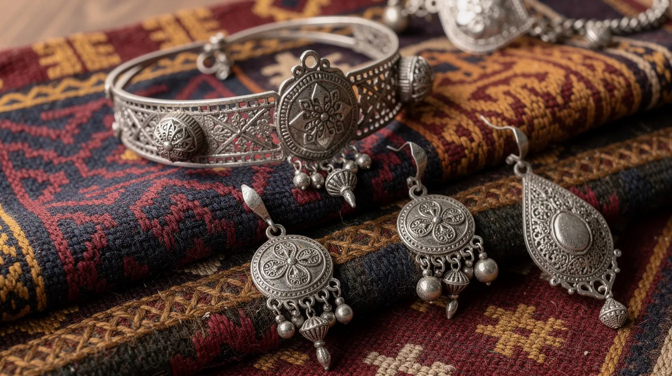 The image features a close-up of traditional North African silver jewelry alongside woven textiles adorned with intricate geometric patterns. This rich cultural fabric reflects the artistic symbols and tribal identity significant to Amazigh communities, showcasing the beauty and heritage of Berber culture.