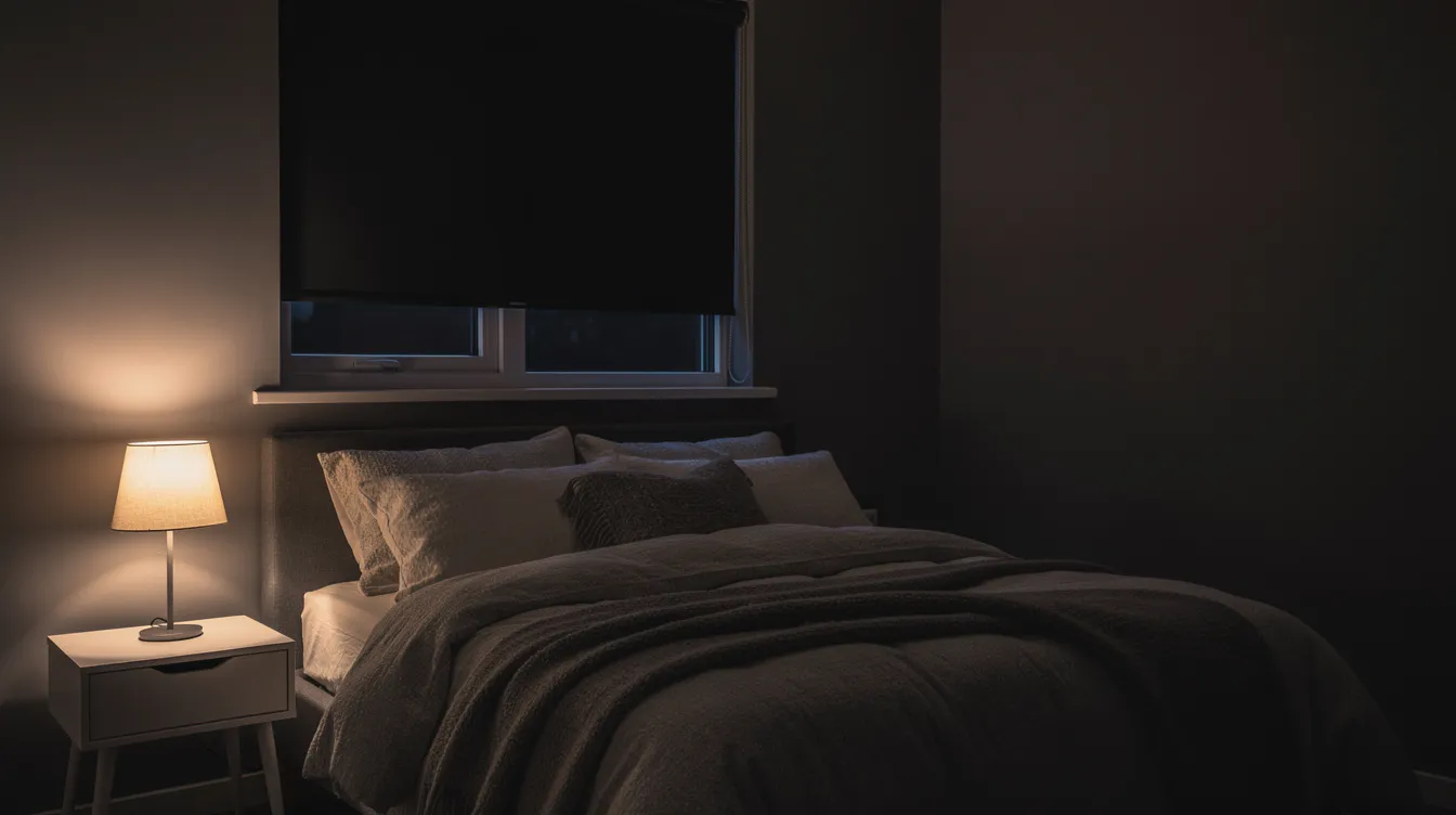 Ciemna, przytulna sypialnia z roletą blackout całkowicie zasłaniającą okno, która tworzy intymny klimat, a delikatne światło lampki nocnej ociepla wnętrze. Wybór odpowiednich osłon okiennych, takich jak rolety czy zasłony, ma ogromne znaczenie dla estetyki i funkcji pomieszczenia.