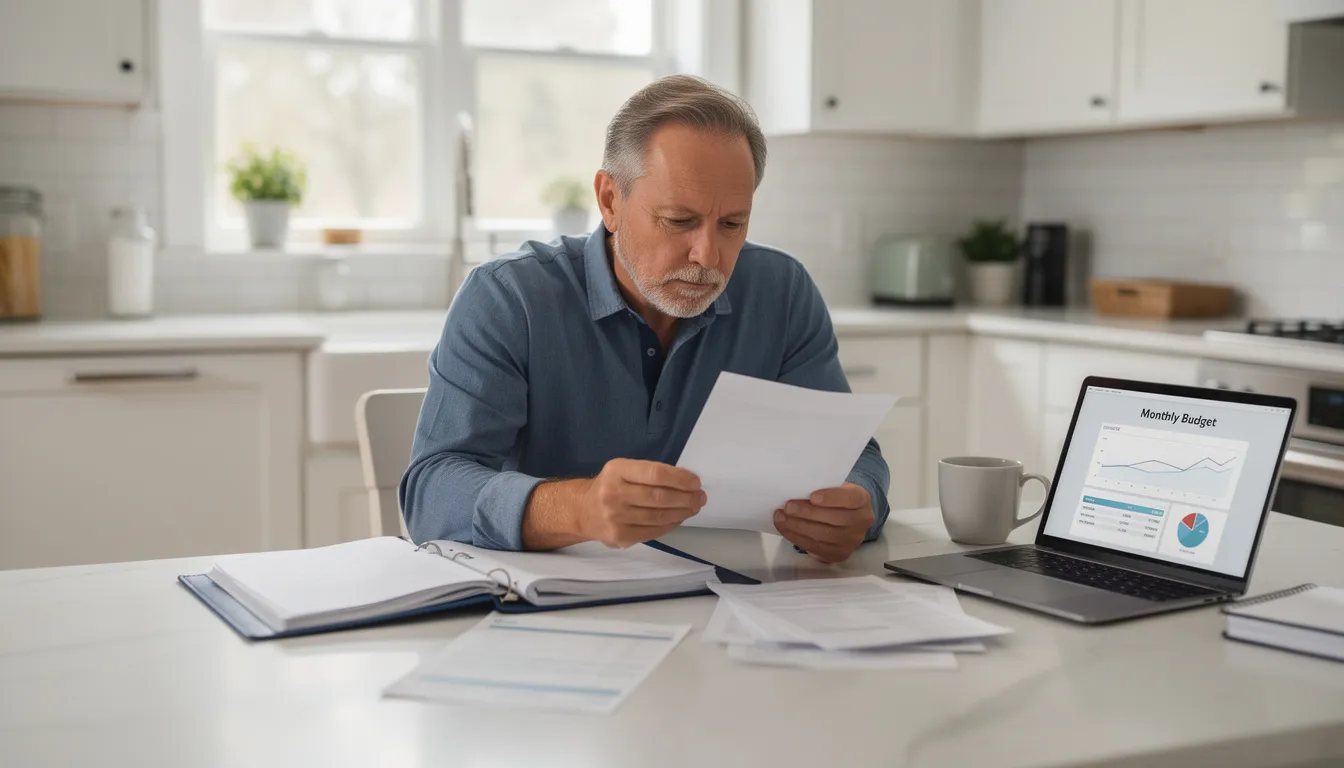 Best Pennsylvania Home Buyers A homeowner sits at a kitchen table, reviewing important documents related to the purchase of a property, highlighting the process of engaging with cash buyers and real estate agents in Philadelphia. The scene conveys a sense of focus and preparation for a cash sale, emphasizing the importance of understanding closing costs and the purchase agreement.
