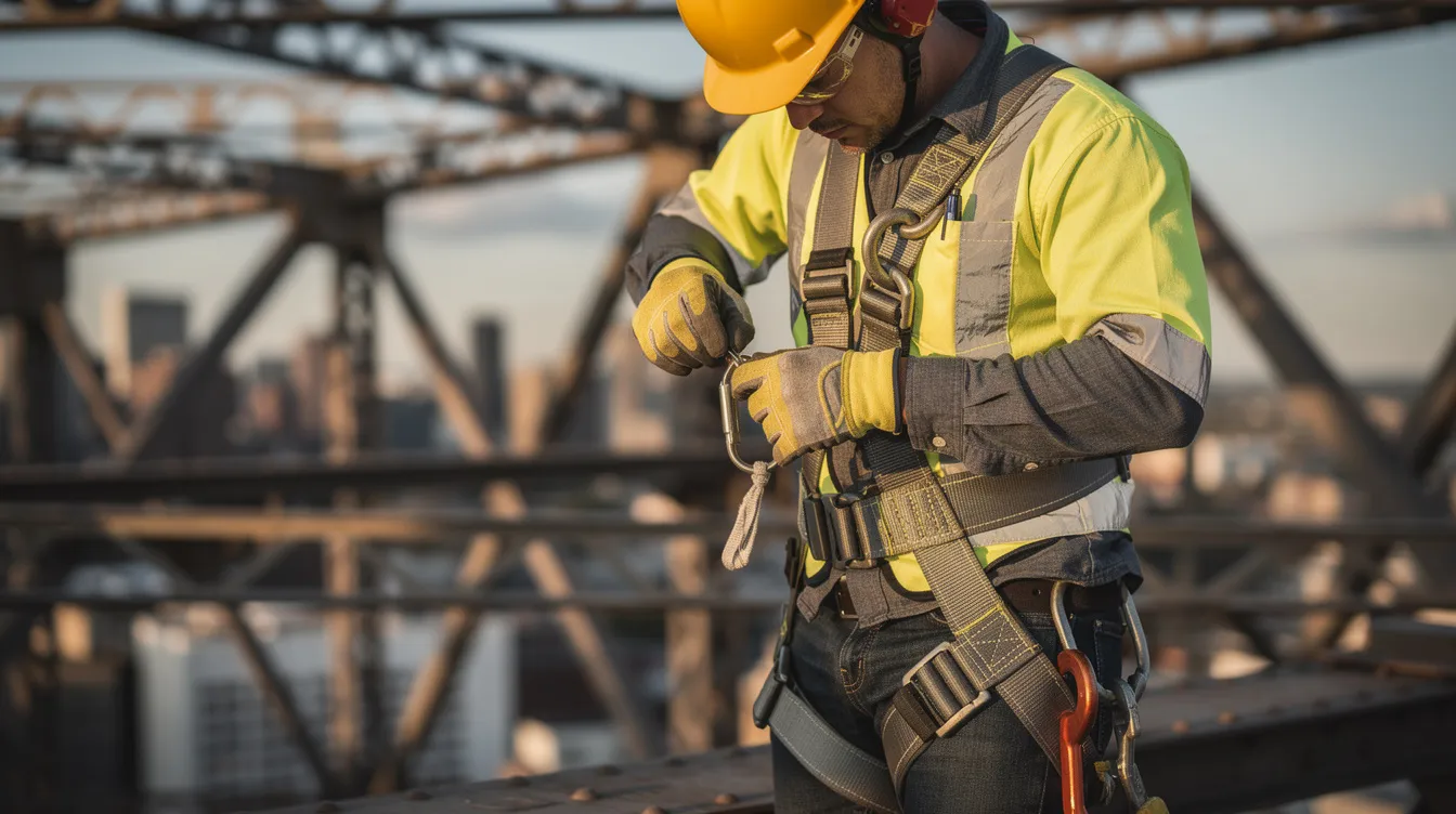 A close-up image shows a construction worker inspecting a fall protection safety harness while standing on a steel beam structure, emphasizing the importance of workplace safety and risk management strategies in the construction industry. The worker's careful attention highlights the commitment to mitigating workplace hazards and promoting a strong safety culture.