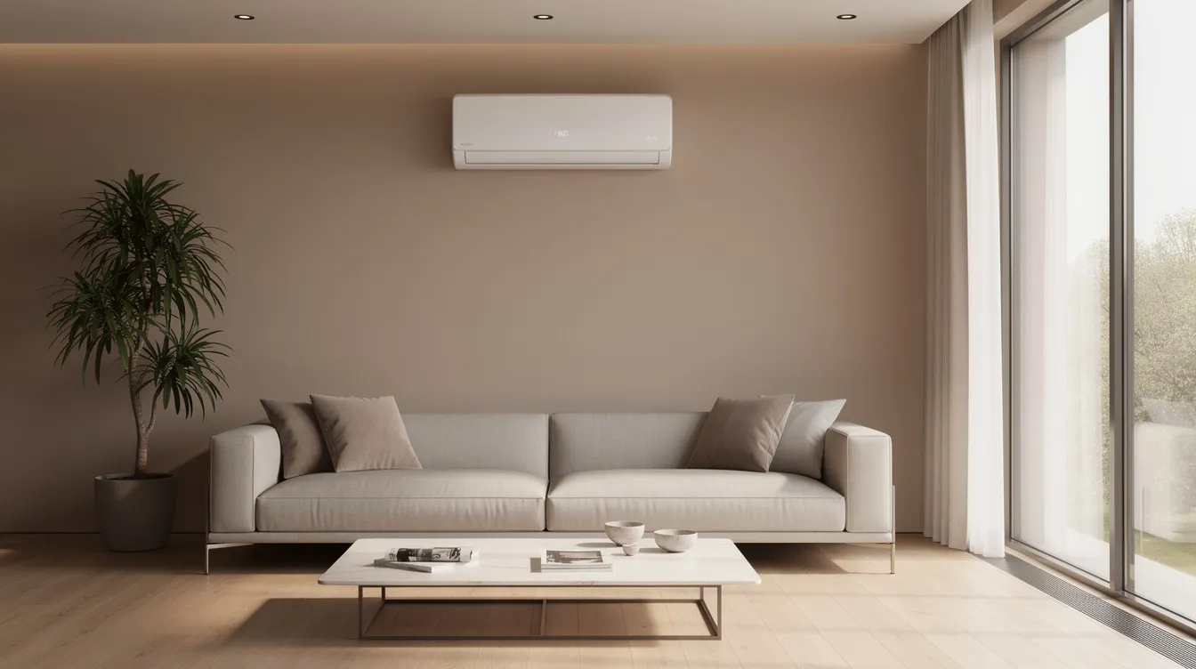 The image shows a modern lounge featuring a newly installed residential air conditioning system, with an indoor unit mounted on the wall and an outdoor unit visible through a window. The professional air conditioning installation reflects a sleek design that enhances the room's comfort and cooling efficiency.