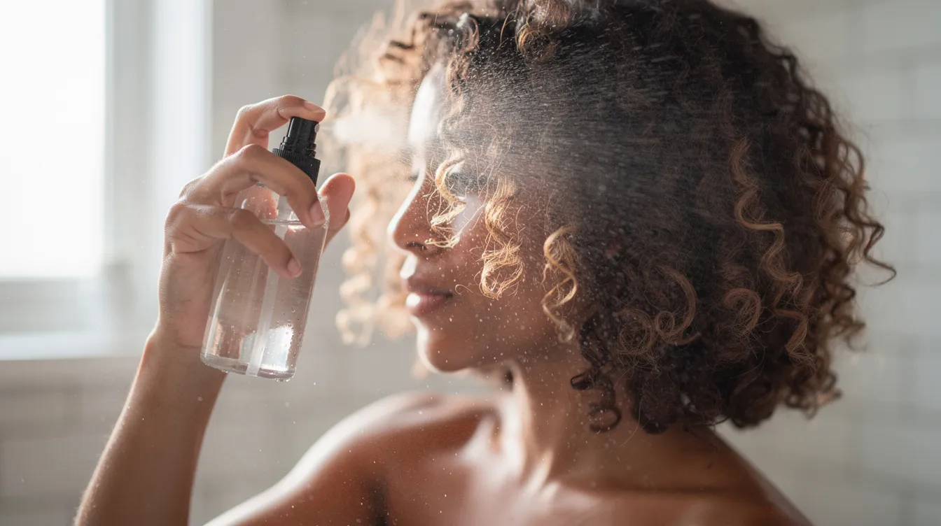 A person is gently misting their curly hair with a small spray bottle filled with rose water, promoting hair growth and maintaining a healthy scalp environment. The calming scent of the rose water adds a natural fragrance while providing moisture and shine to the hair strands.