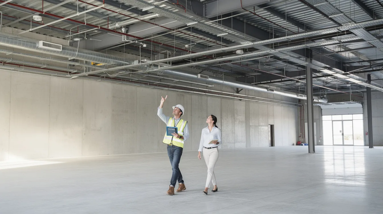 A general contractor and a client are inspecting the ceiling infrastructure of an empty commercial warehouse shell space, discussing potential tenant improvement allowances and lease terms for the upcoming build-out. The scene emphasizes the importance of effective lease negotiation for commercial tenants planning their business needs in the new space.