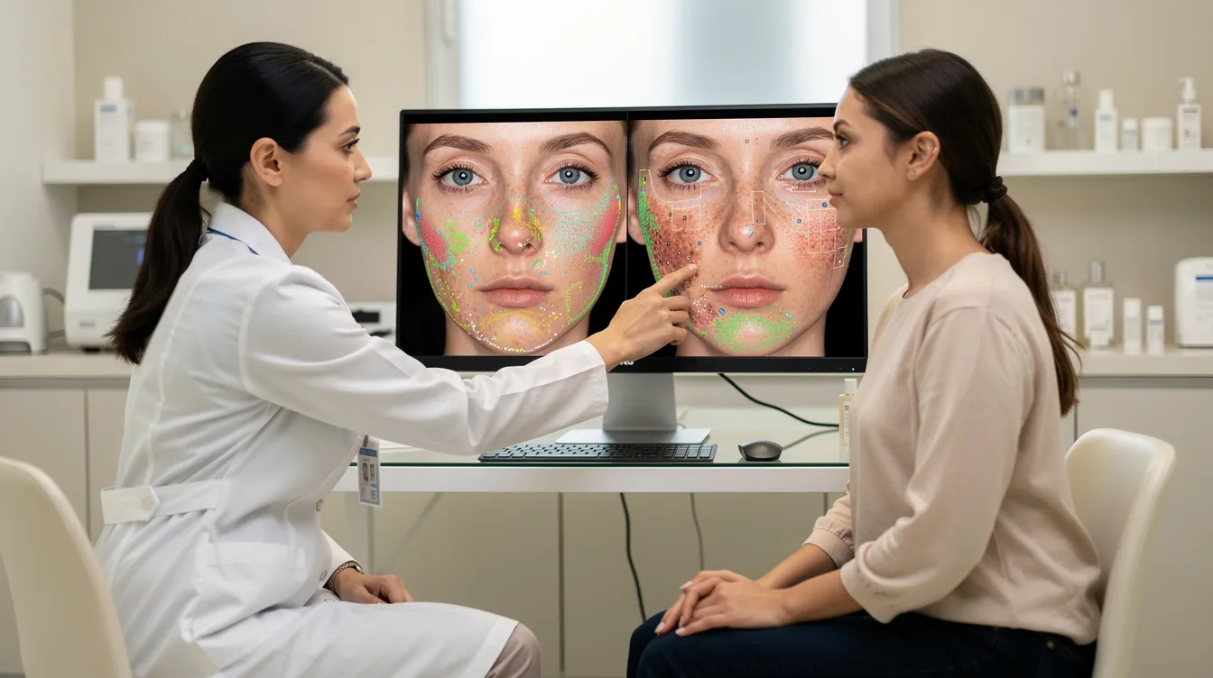 A clinician is consulting with a client, reviewing facial skin analysis images that highlight the presence of dark circles under the eyes, including vascular dark circles and pigmented dark circles. They discuss various treatment options, such as eye creams and laser therapy, to manage and reduce the appearance of dark circles, particularly for darker skin tones.