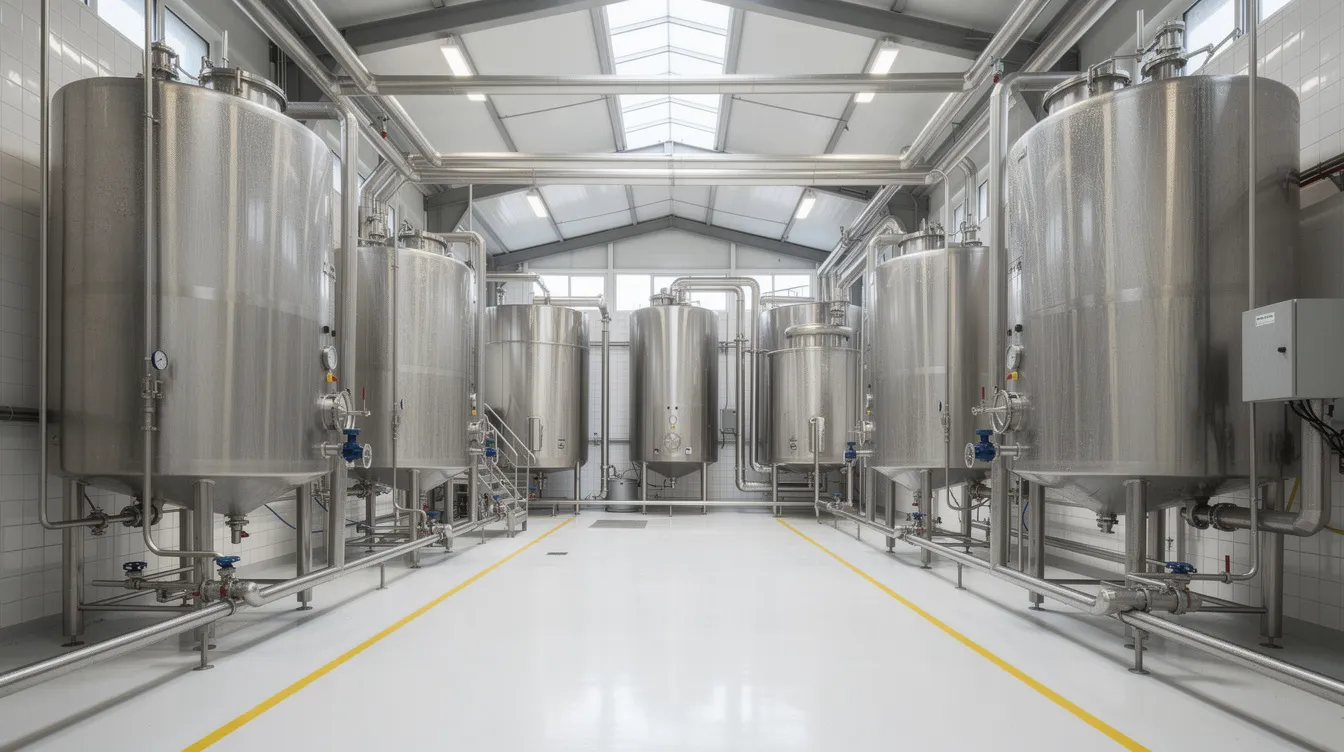 The image depicts a modern stainless steel dairy processing facility, featuring an intricate network of pipes and large tanks, indicative of a UHT milk processing plant. This facility is designed for efficient operations in the dairy industry, focusing on ultra high temperature processing to produce shelf-stable dairy products like fortified UHT milk.