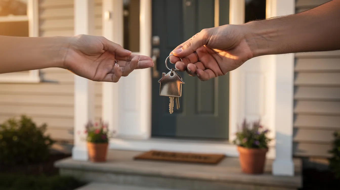 An image depicts a set of house keys being passed from one person to another in front of a beautifully renovated home entrance, symbolizing the successful completion of a fix and flip project. This moment highlights the importance of hard money loans and financing options available for real estate investors engaged in house flipping.