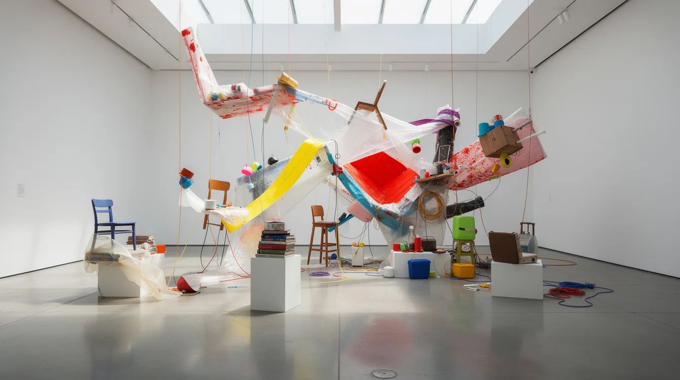 Die große moderne Kunstinstallation im hellen Galerieraum besteht aus einer Vielzahl von Alltagsgegenständen und bunten Materialien, die kreativ angeordnet sind und an die Dada-Bewegung erinnern. Diese Installation spiegelt die Rebellion gegen konventionelle Kunstformen wider und lädt die Betrachter ein, die Bedeutung von Kunst und Kreativität neu zu hinterfragen.