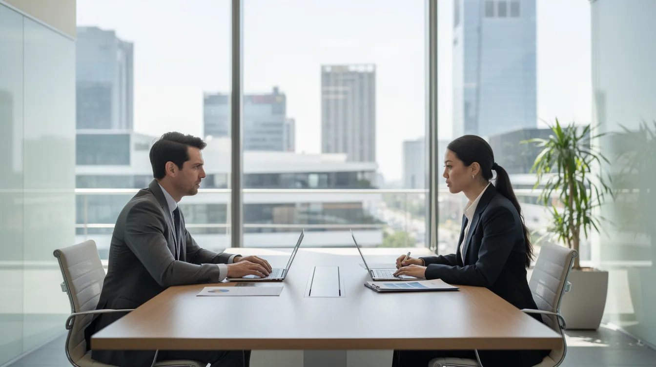 Deux professionnels échangent des idées dans un bureau moderne, avec une vue panoramique sur la ville. Leur discussion pourrait porter sur des techniques de prospection commerciale pour trouver de nouveaux clients et améliorer leur stratégie de vente.