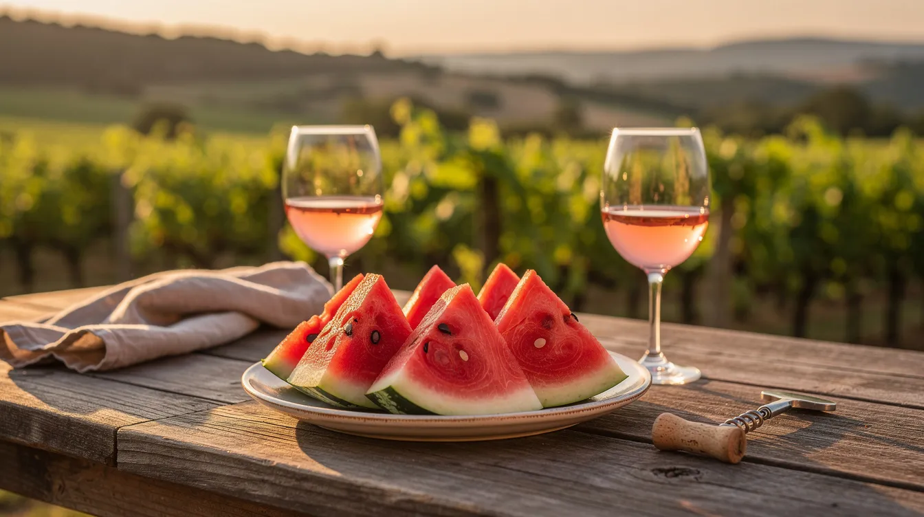 A rustic outdoor patio table is set at golden hour, adorned with vibrant slices of watermelon and wine glasses filled with chilled pale pink rosé, perfect for summer wine pairings. In the background, a picturesque vineyard landscape enhances the scene, inviting a delightful experience of fresh fruit flavors and seasonal enjoyment.