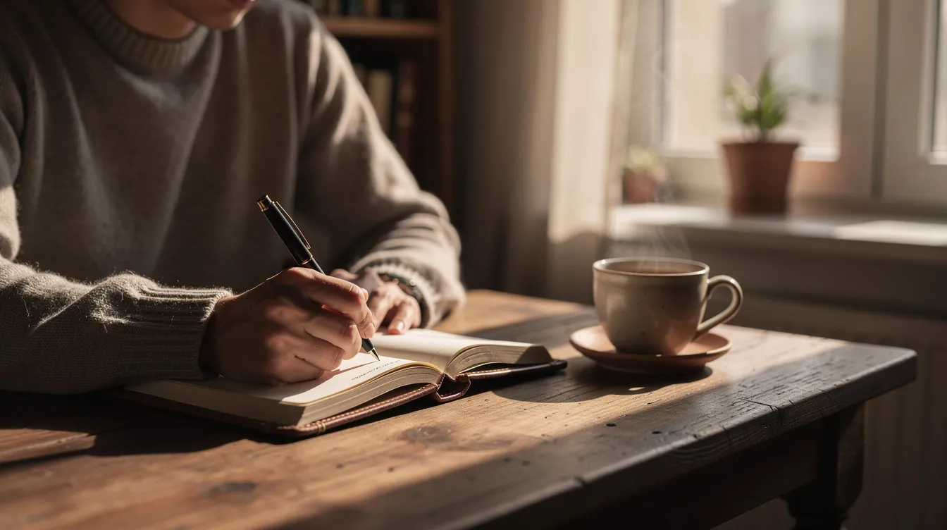 A person is seated at a desk, writing in a journal while sipping a cup of tea, symbolizing a moment of personal growth and reflection on their recovery journey. This scene emphasizes the importance of healthy habits and developing coping mechanisms in the process of achieving sobriety.