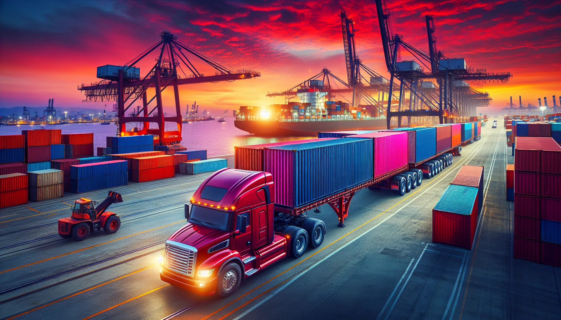 A truck transporting shipping containers at a port