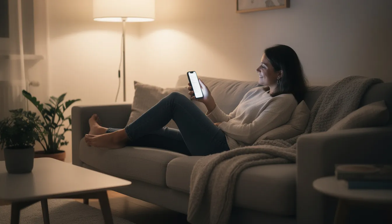 En person sitter bekvämt på en soffa och ser avslappnad ut medan hen håller en smartphone i handen. I bakgrunden kan man ana inslag av online gaming och populära spelautomater som "Extra Chilli" och "White Rabbit".