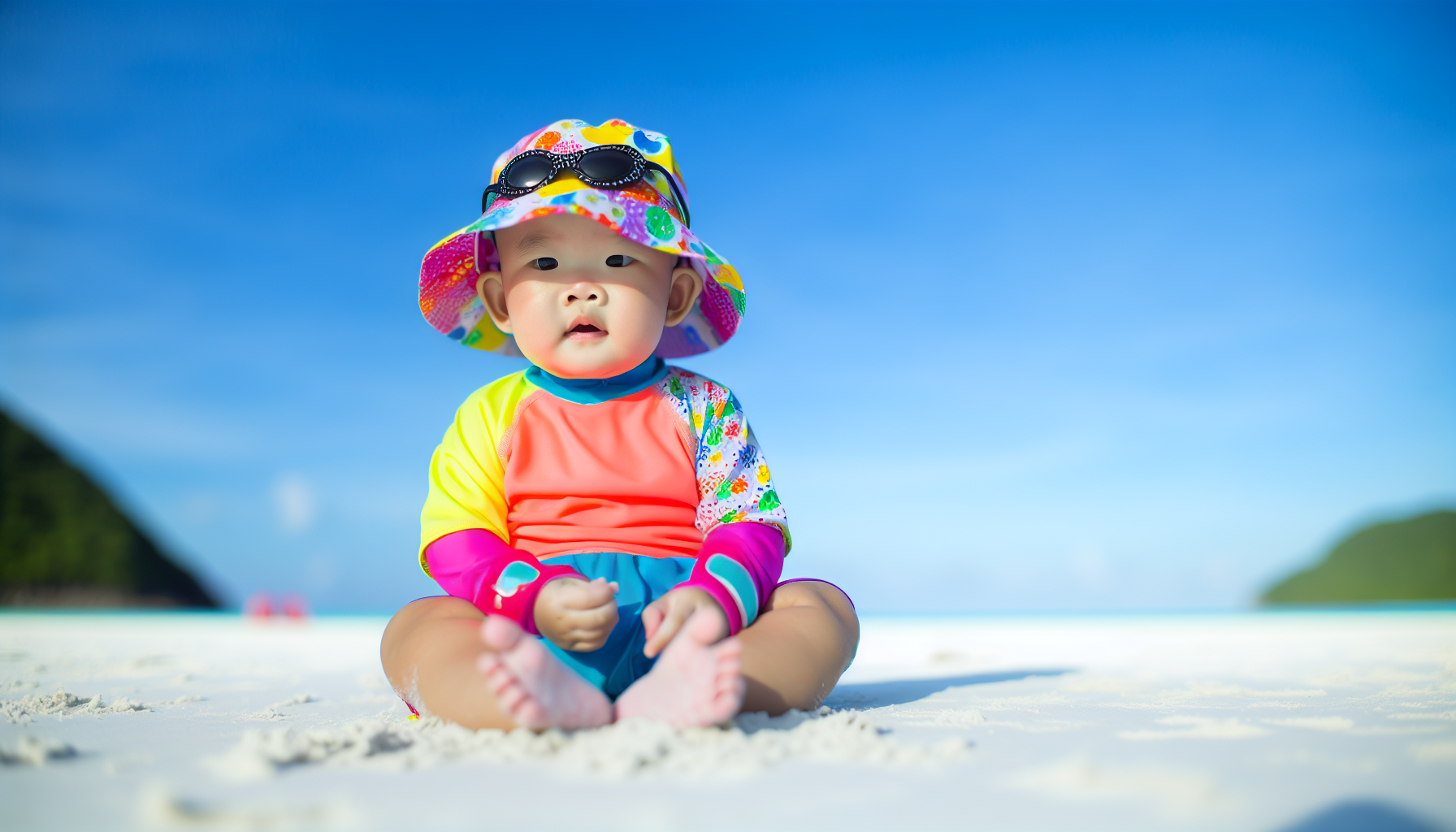 Baby wearing a rash guard, sun hat, and sunglasses