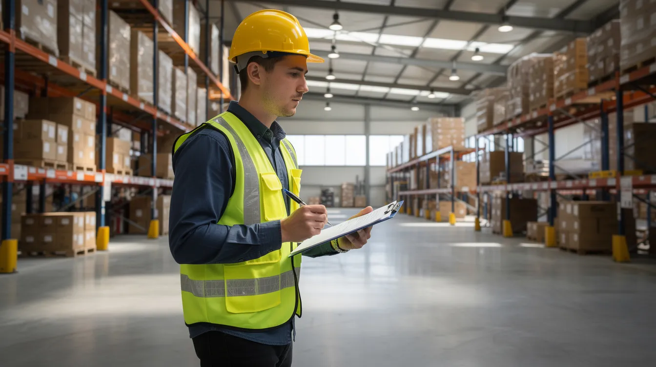 The image shows a warehouse worker wearing a hard hat and a bright safety vest, holding a clipboard while navigating a spacious industrial area. This scene highlights the importance of safety and organization in the workplace, especially for those involved in workers' compensation claims related to workplace injuries.