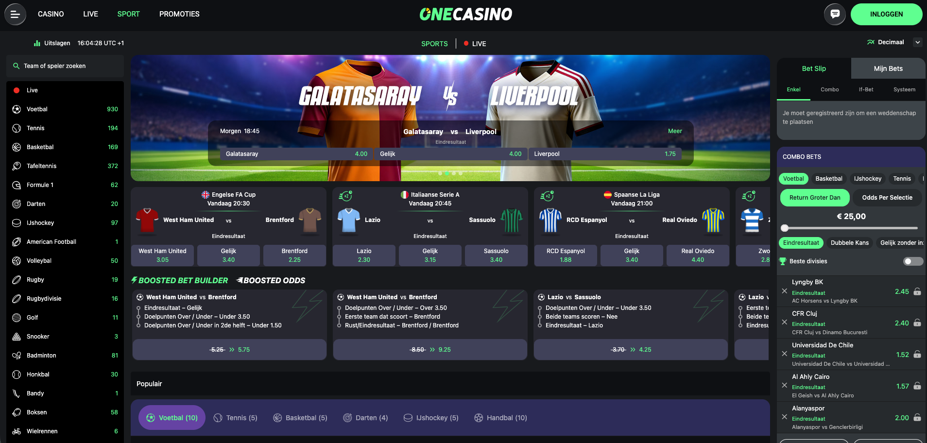 Sportweddenschappen pagina van OneCasino met een promotie voor Galatasaray vs Liverpool, odds voor verschillende voetbalwedstrijden, een lijst met sportcategorieën zoals voetbal, tennis en basketbal, en een bet slip aan de rechterkant.