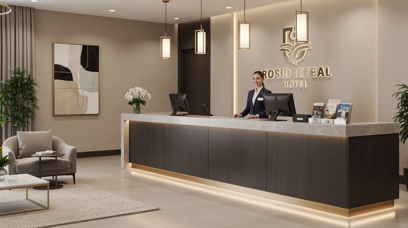 72464d0c 4461 45d4 96e9 1c033c572fbe The image depicts a modern hotel front desk area, featuring a professional receptionist ready to assist guests, surrounded by sleek interior design elements. This setting reflects the hospitality industry's focus on exceptional service and operational efficiency, essential for effective hotel financial management and enhancing guest experiences.