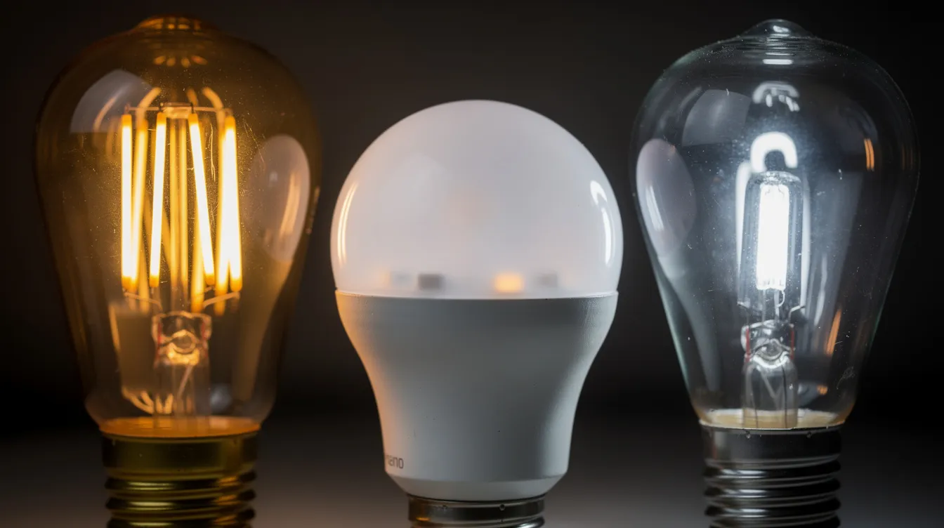 En närbild visar olika ljuskällor, inklusive en Edison-lampa med synlig glödtråd, en modern LED-lampa och en halogenlampa, vilket illustrerar variationen i belysning och lampor. Denna bild ger en känsla för både äldre och nyare lampdelar och deras design.