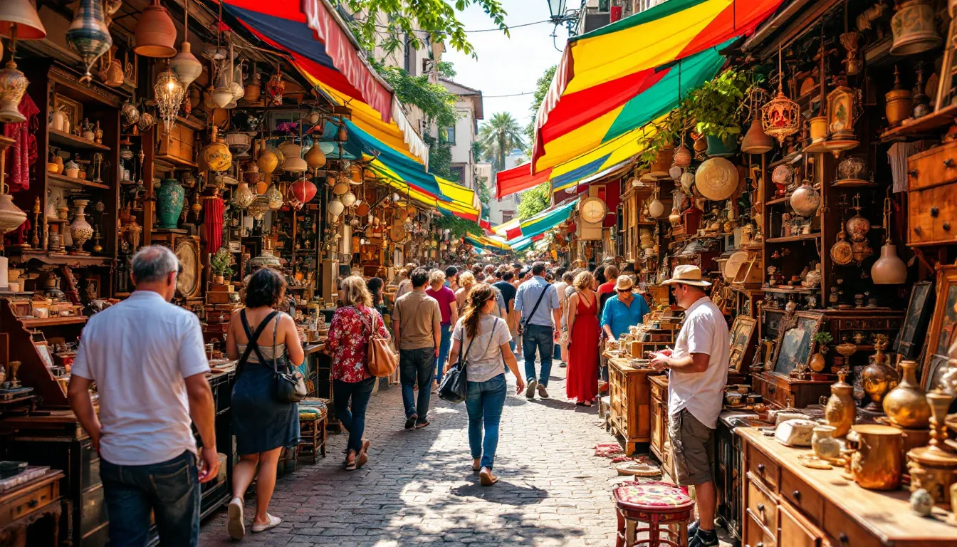 Na kolorowej giełdzie staroci widać ludzi przeglądających różnorodne antyki na stoiskach, gdzie można znaleźć unikalne przedmioty, takie jak stare meble, obrazy czy pamiątki. To idealne miejsce dla miłośników historii, którzy chcą sprzedać antyki lub znaleźć prawdziwe perełki do swojej kolekcji.