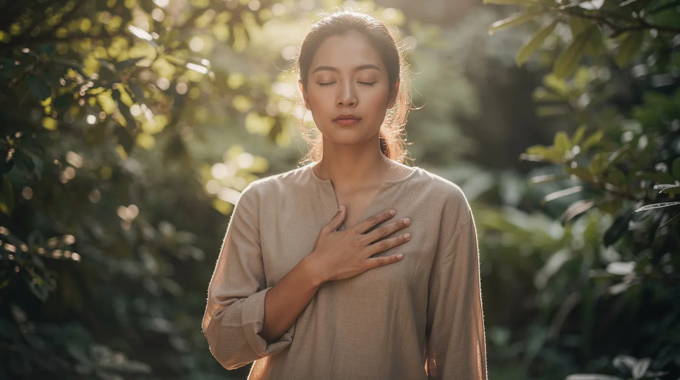 A person stands outdoors, eyes closed and one hand gently resting on their chest, bathed in soft natural light and surrounded by lush green foliage. This serene moment reflects the principles of somatic therapy, emphasizing body awareness and the healing process for trauma recovery.
