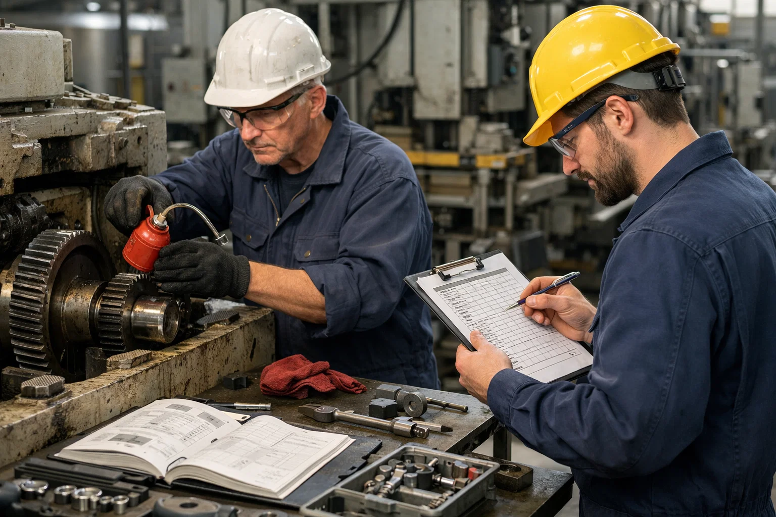 Maintenance engineers performing planned preventive maintenance on industrial machinery during scheduled servicing.