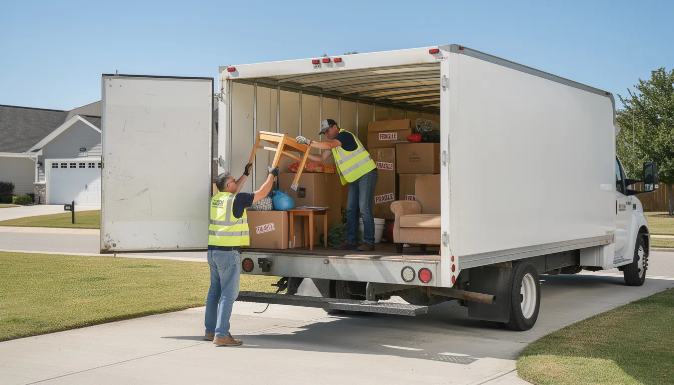 Two workers are actively loading furniture and boxes into a junk removal truck, showcasing their efficient process for a storage unit cleanout. This scene highlights the responsible disposal practices involved in removing unwanted items while ensuring a stress-free experience for clients.