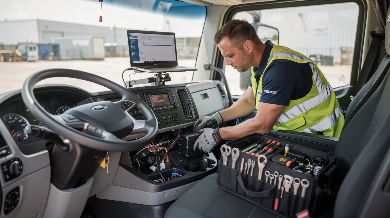 MDVR installation for commercial vehicles: A technician is seen installing a mobile digital video recorder (MDVR system) inside the cab of a commercial vehicle, ensuring that the vehicle camera systems are properly set up for monitoring driver behavior and capturing crucial events.