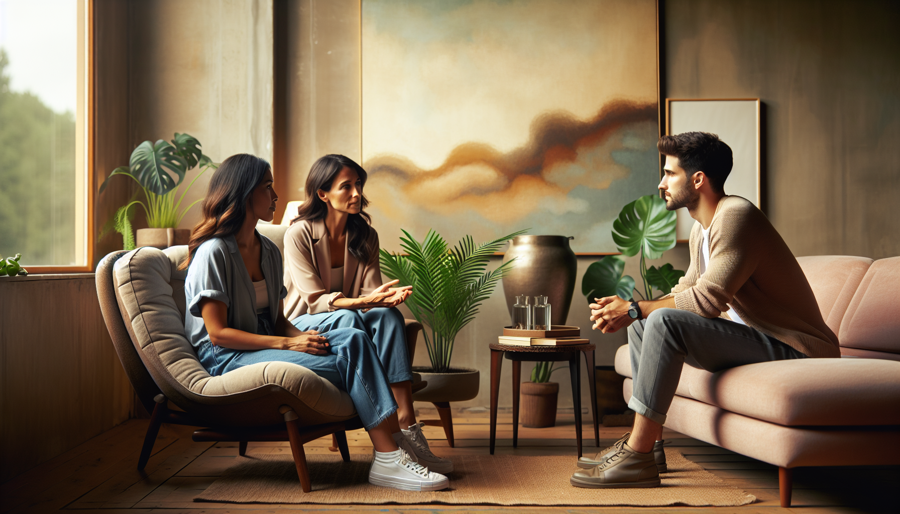 Illustration of a therapist guiding a couple in a counseling session, representing techniques and interventions in emotionally focused therapy