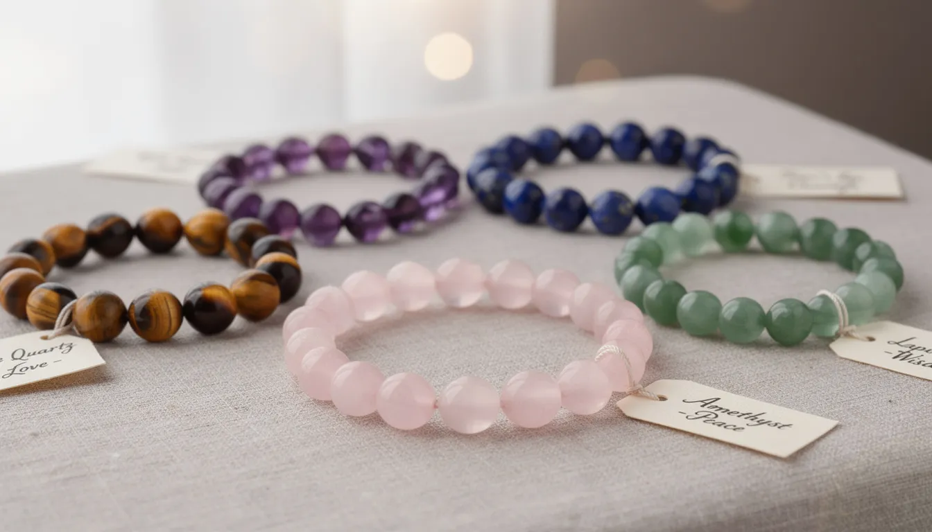 A collection of gemstone bracelets featuring a stunning range of semi-precious stones, including rose quartz, amethyst, and lapis lazuli, each symbolizing unique emotional and spiritual benefits. These beautifully crafted pieces serve as the perfect accessory for both casual and formal occasions, adding a touch of elegance to any outfit.