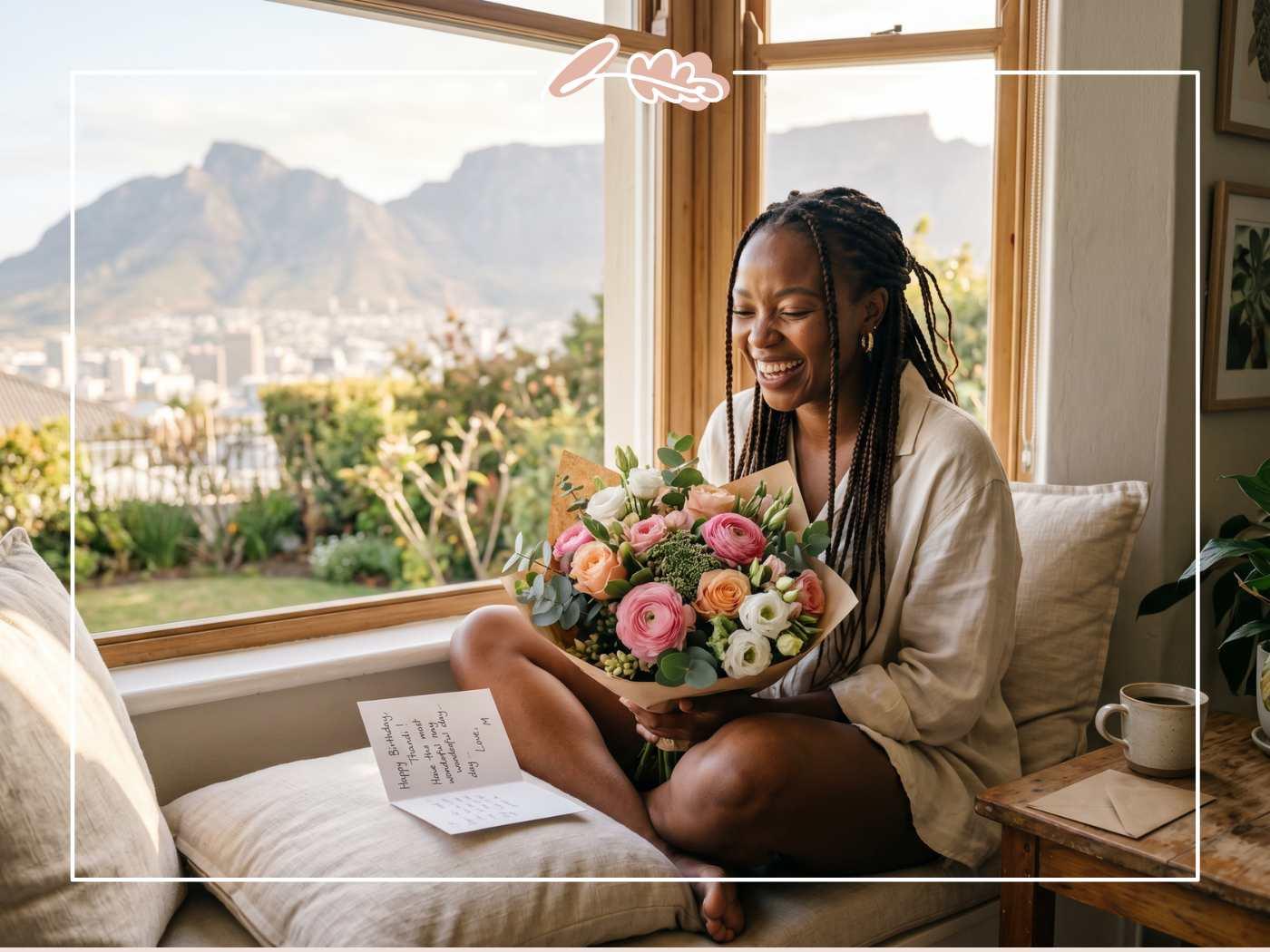 Smiling Black South African girlfriend reading a handwritten birthday card next to a luxury pink and peach bouquet from Fabulous Flowers, Table Mountain in the background