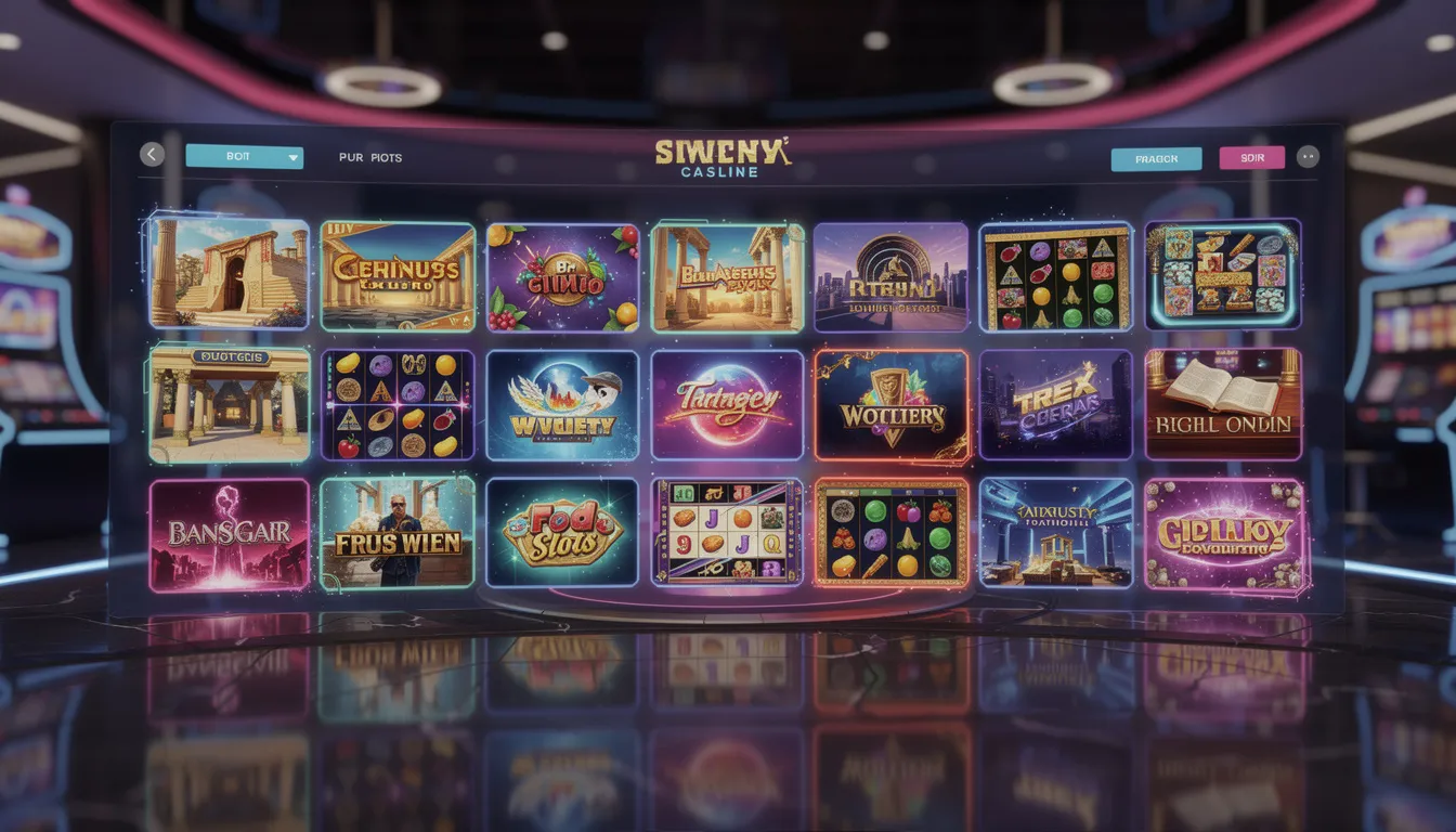 En färgglad lobby för casinospel med olika miniatyrer av spelautomater och neonlys som skapar en livlig atmosfär. Här kan spelare hos slotv casino utforska nya spel och ta del av erbjudanden som free spins och välkomstbonusar.