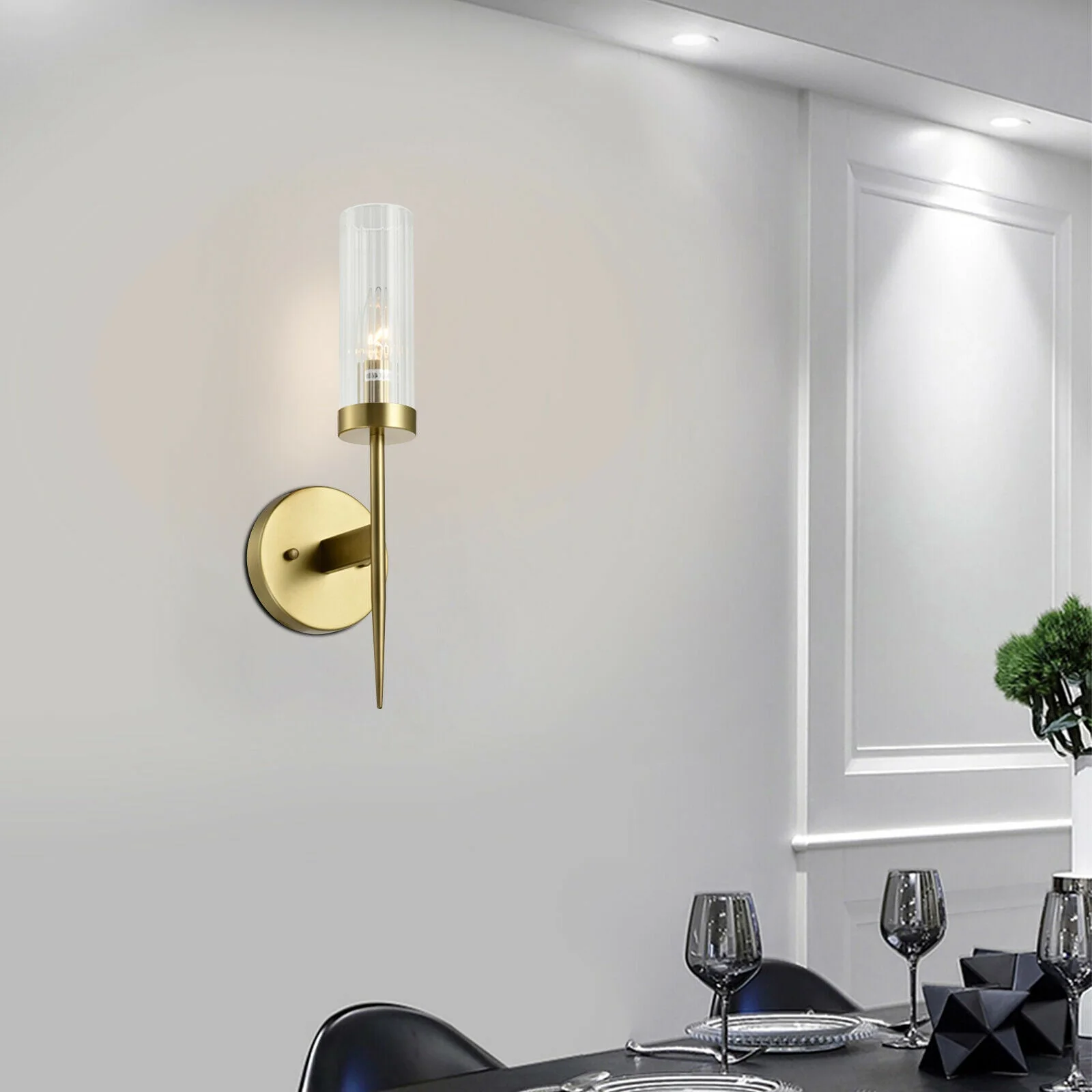 Up wall-mounted lamp in a dining room, adding elegance and enhancing the beauty of the dining room lighting.