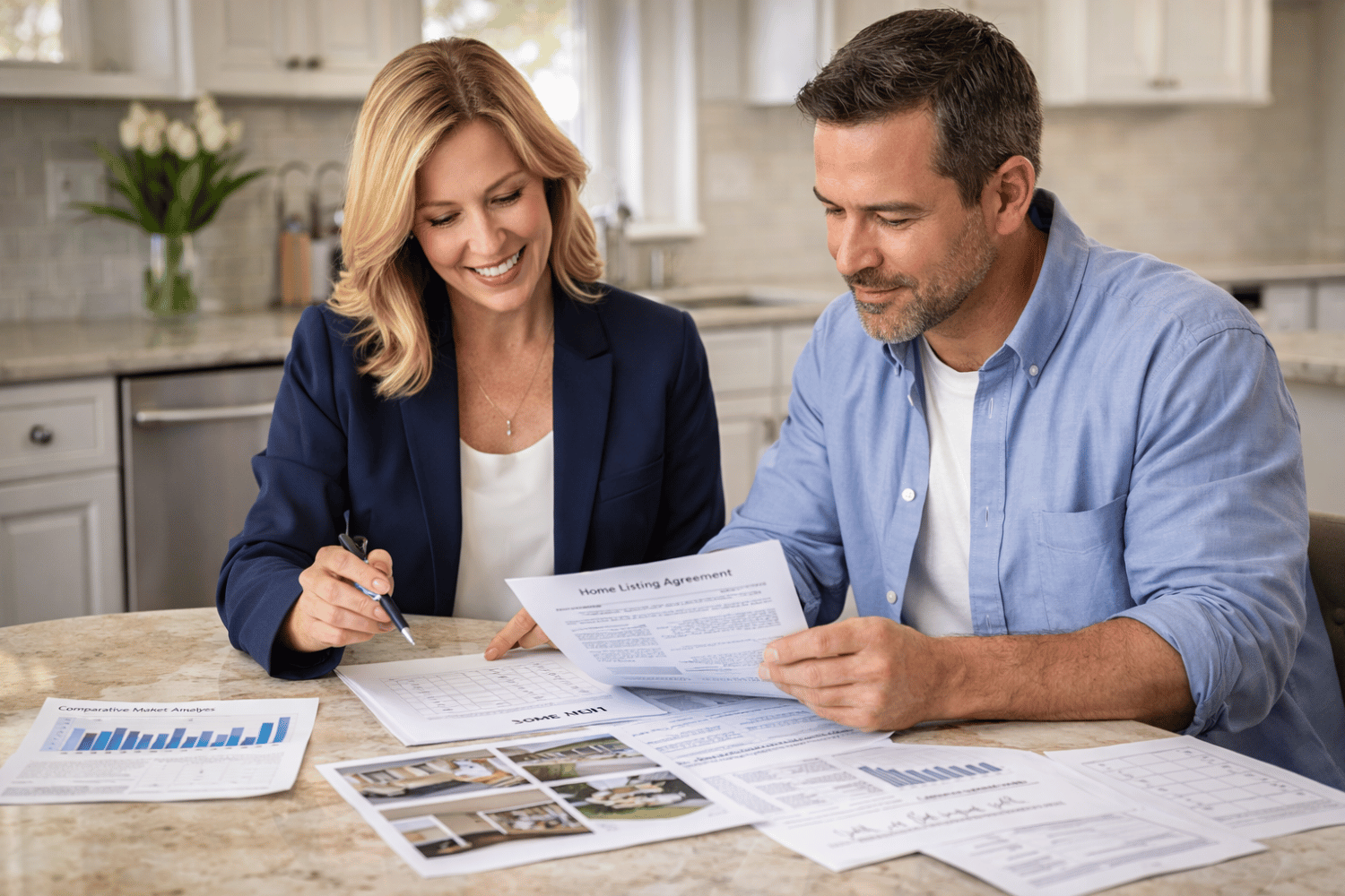How To Prepare Your Boone County Home To Sell This Spring Without Over Improving 3 A Real Estate Agent And A Homeowner Are Seated At A Kitchen Table, Reviewing Listing Documents And Photos To Prepare For The Selling Process. Their Discussion Likely Includes Pricing Strategies And How To Enhance The Home'S Appeal To Attract Potential Buyers In The Missouri Real Estate Market.